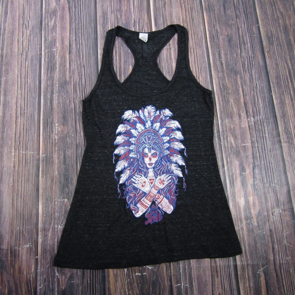 Secret Artist Womens XL Black Racerback Tank Top Graphic Feather Headdress